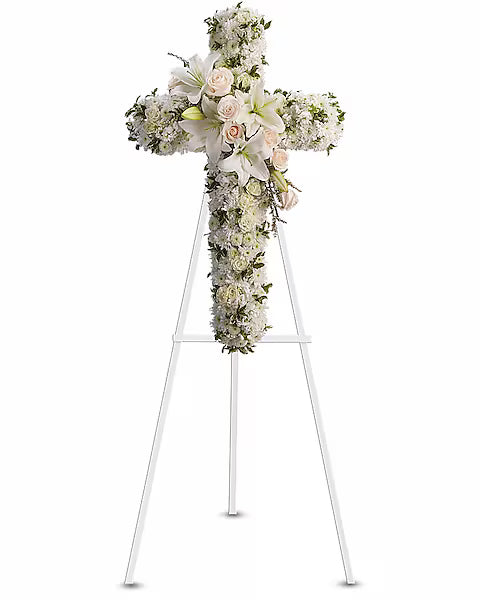 Fresh flower cross arrangement on stand
