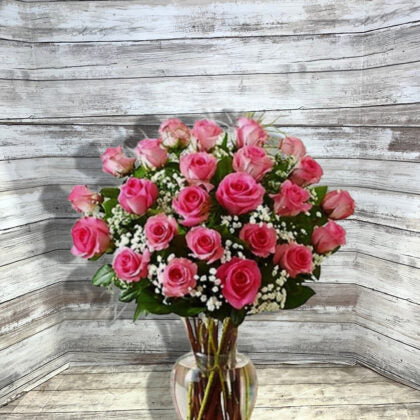Long Stem Hot Pink Roses Vase (Your Size)