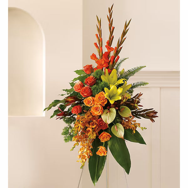 Colorful floral arrangement with red, orange, and yellow flowers