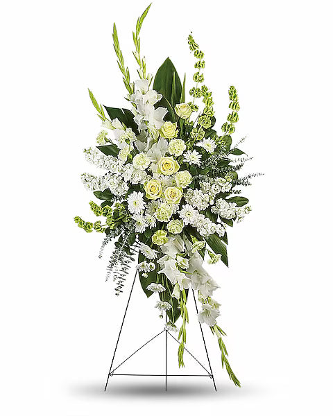 Elegant white and green flower bouquet on display stand