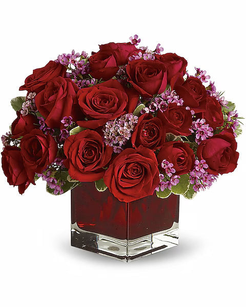 Fresh red roses arranged in a transparent vase