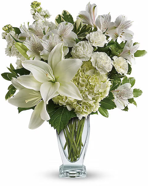 Bouquet of white and green flowers in a clear vase on a white background