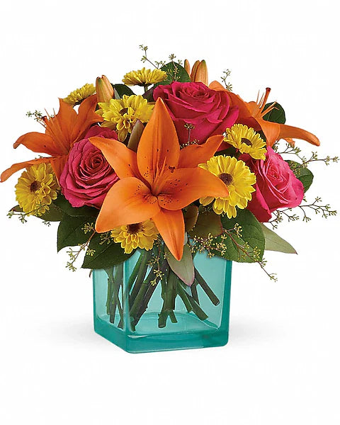 Colorful flower arrangement with orange lilies, pink roses, and yellow daisies