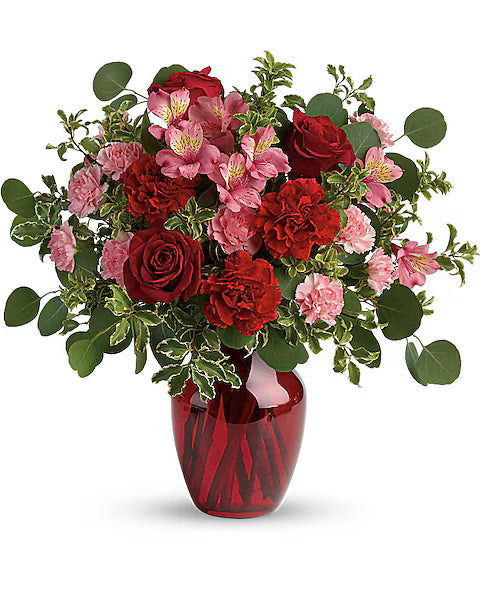 Pink and red bouquet on white
